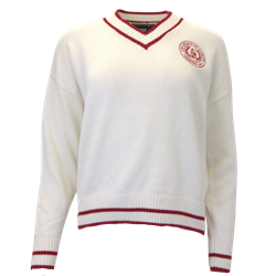 Intarsia Circle Crest Crew - Cream with Red Trim