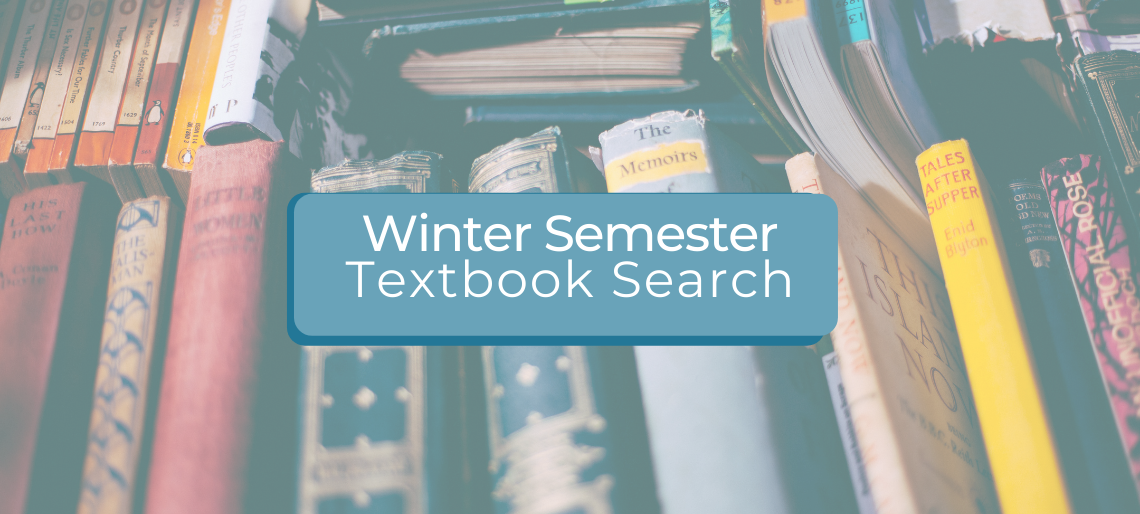 Banner to shop winter semester 2022 textbooks and e-books. Image contains a close up of a variety of book spines with blue overlay with the text 